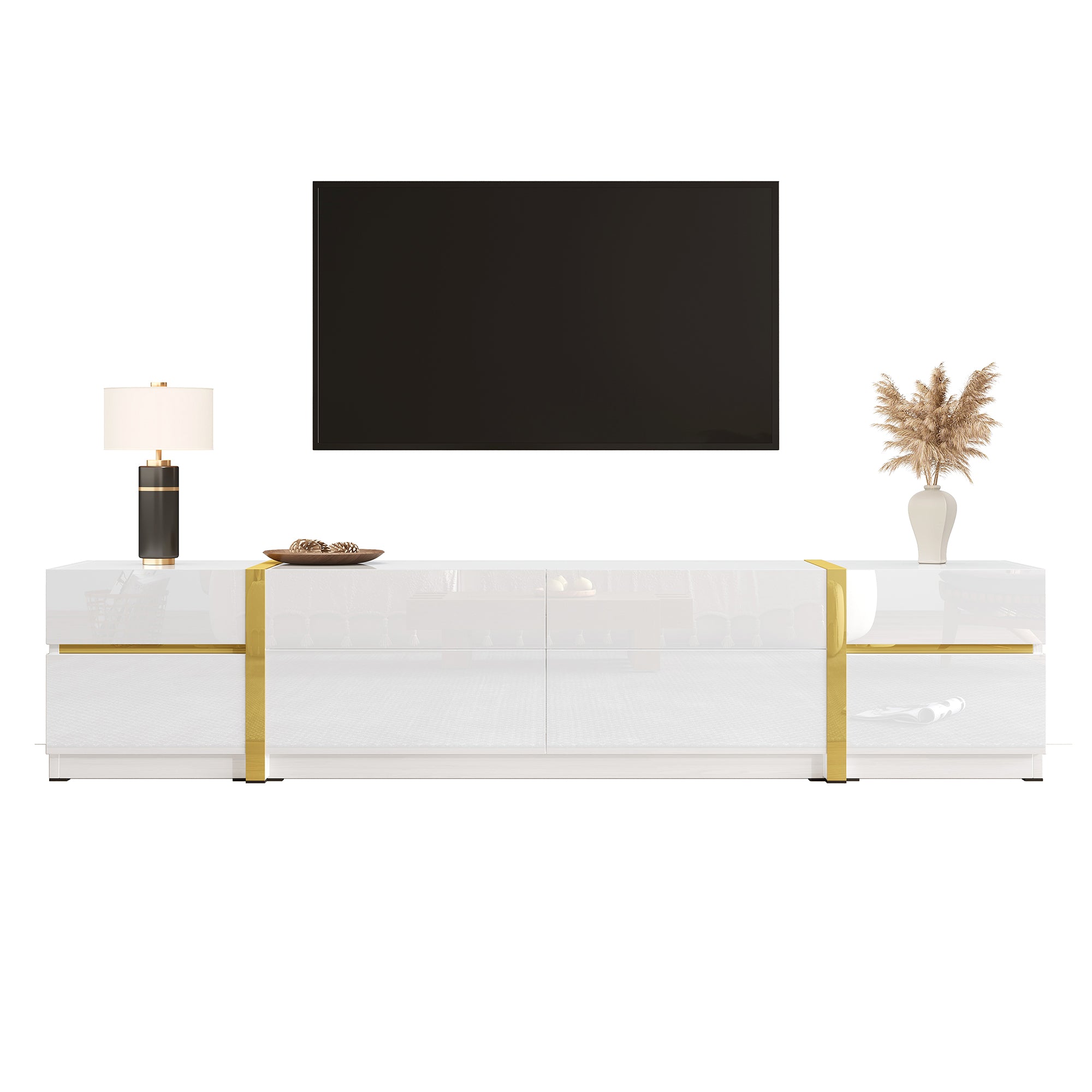 Luxurious TV Stand , TV Cabinet,High Gloss Finish , Gold Tone Edges , With Drawers And Doors , Modern Style , Provides Plenty Of Storage Space For The Living Room , TV Cabinet
