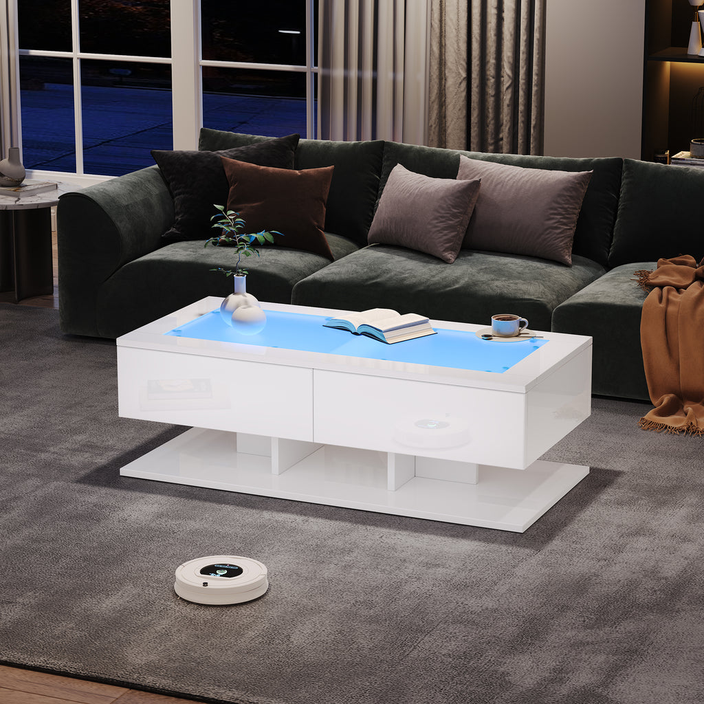 Coffee Table, High-gloss Sofa Table, Living Room Table With Drawers, Coffee Table With LED Light, Glass Top, White