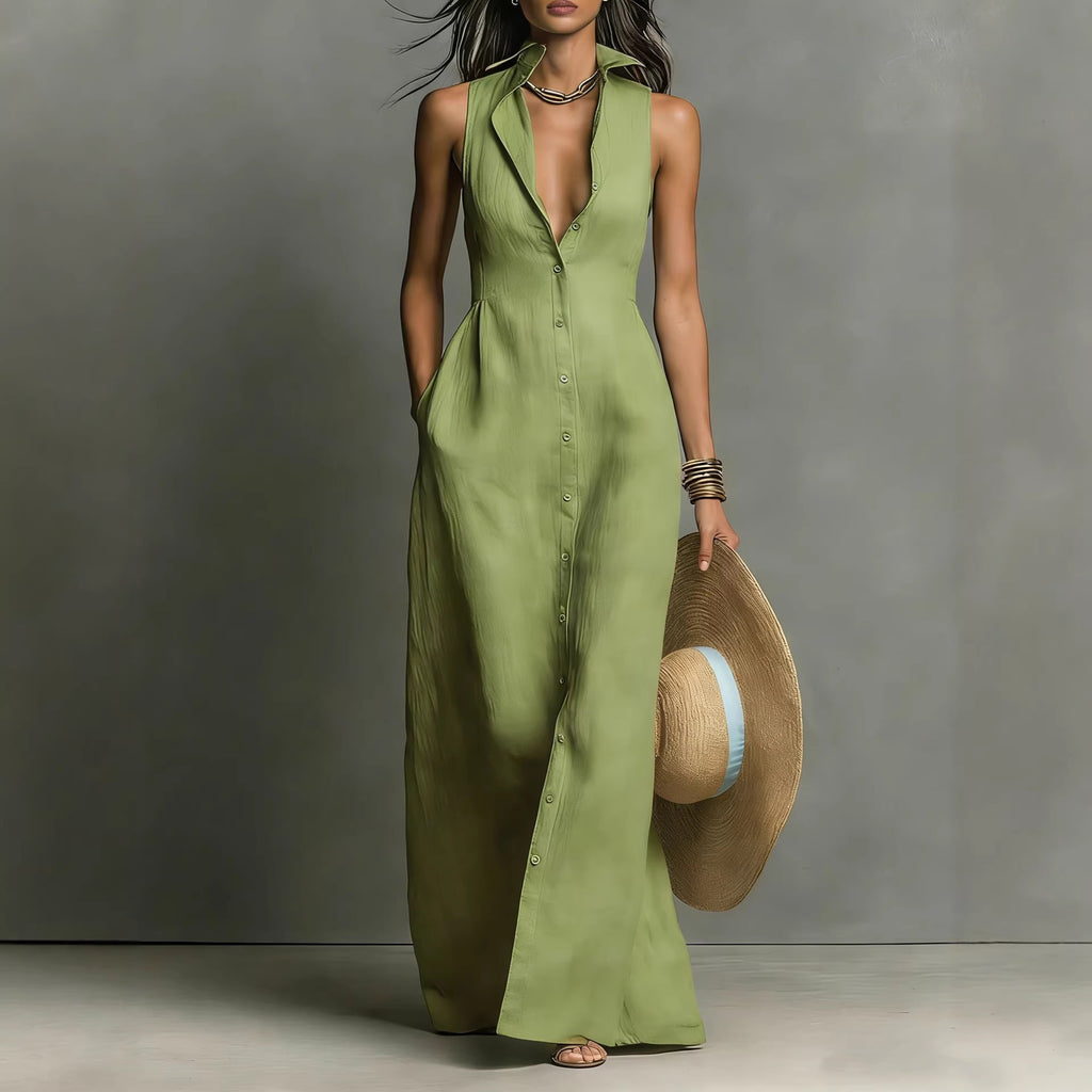 Breasted Sleeveless Shirt-collar Dress