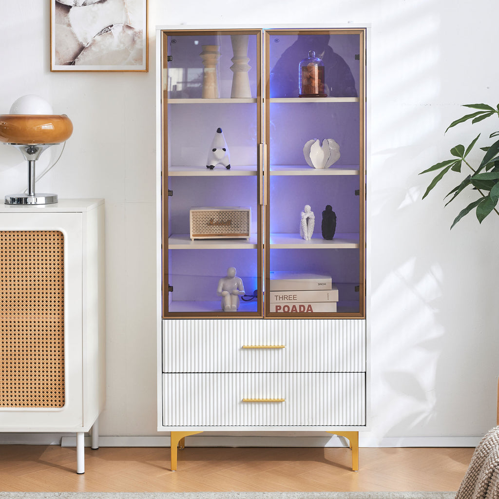 Elegant Glass Display Case With Two Doors - 70x35x150cm - Glass Doors, Golden Legs, Movable Shelves, Display Case With App LED Light, Cabinet, Glass Display Cabinet, Tall Cabinet, Standing Display Cas