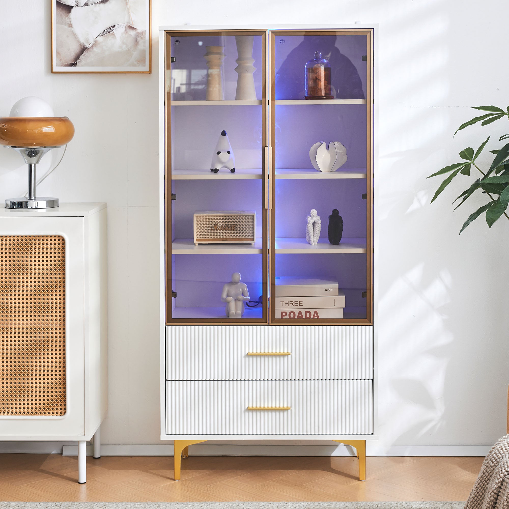 Elegant Glass Display Case With Two Doors - 70x35x150cm - Glass Doors, Golden Legs, Movable Shelves, Display Case With App LED Light, Cabinet, Glass Display Cabinet, Tall Cabinet, Standing Display Cas
