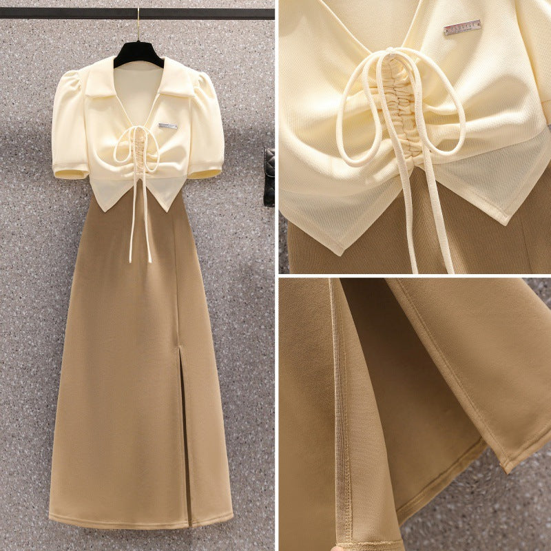 Foreign Style Slim Fitting Short Sleeved Split Dress For Women