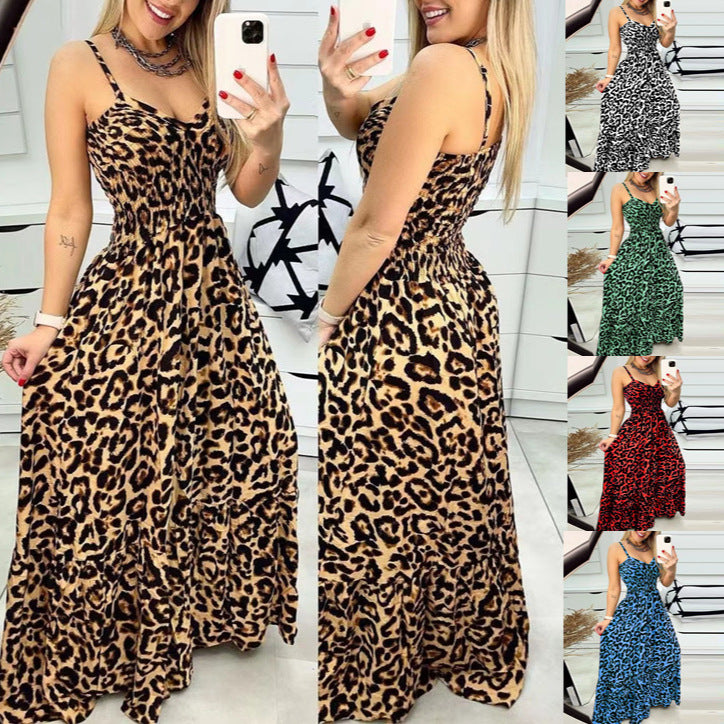 Women's Leopard Print Spaghetti Strap Tiered Maxi Dress V-Neck Smocked Waist Flowy Long Dress For Summer