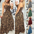 Women's Leopard Print Spaghetti Strap Tiered Maxi Dress V-Neck Smocked Waist Flowy Long Dress For Summer