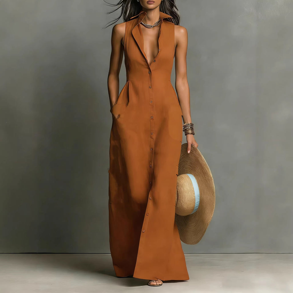 Breasted Sleeveless Shirt-collar Dress