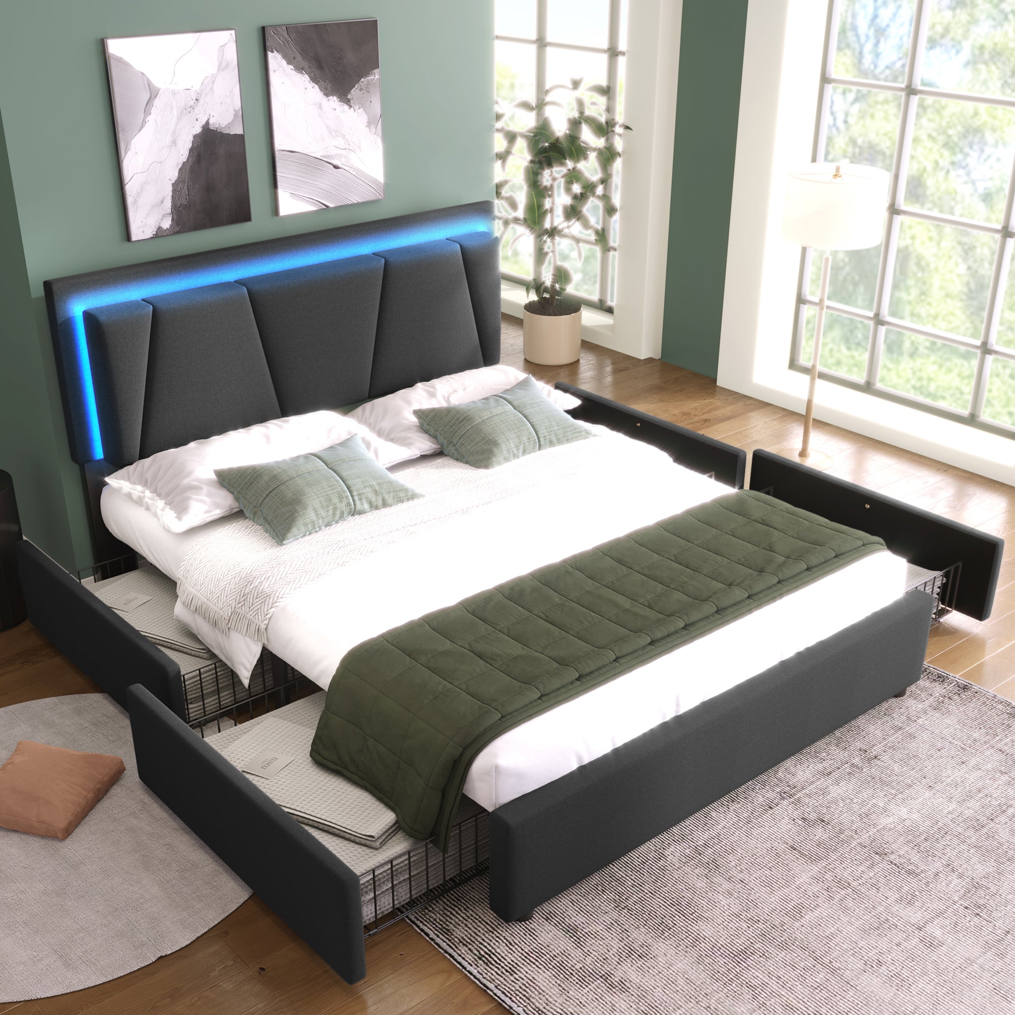 808182AAG Upholstered Bed With LED Lighting And 4 Drawers,Height-adjustable Headboard,Double Bed 160x200cm Storage Beds Bed Frame, Wooden Slatted Base, Grey  Without Mattress