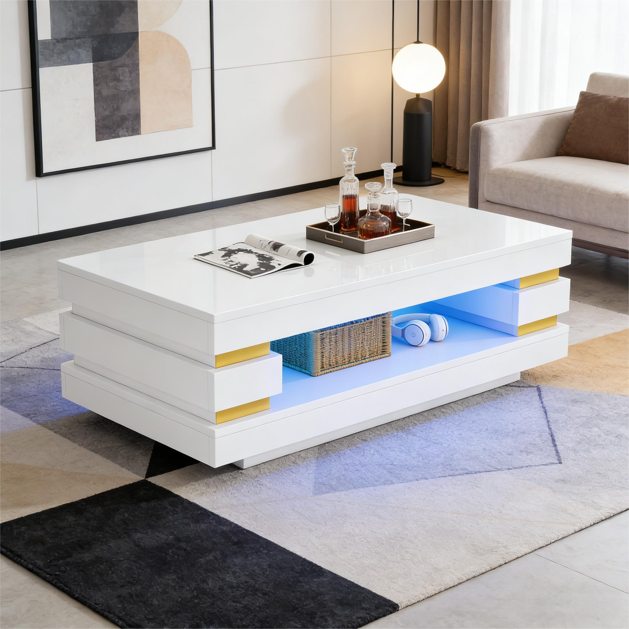 Coffee Table 100X50X35cm With Hollowed-out Center For Storage, Coffee Table, Teetish High Gloss LED Strip Lighting, Ideal For Small Apartments, Made Of Chipboard, White.
