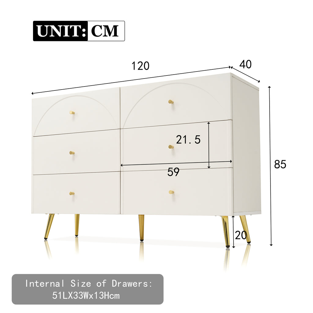 Drawer Chest Of Drawers Chest Of Drawers With 6 Drawers, White Sideboard Highboard For Bedroom & All Living Rooms, Cream-White -H85 W120 D40 Cm