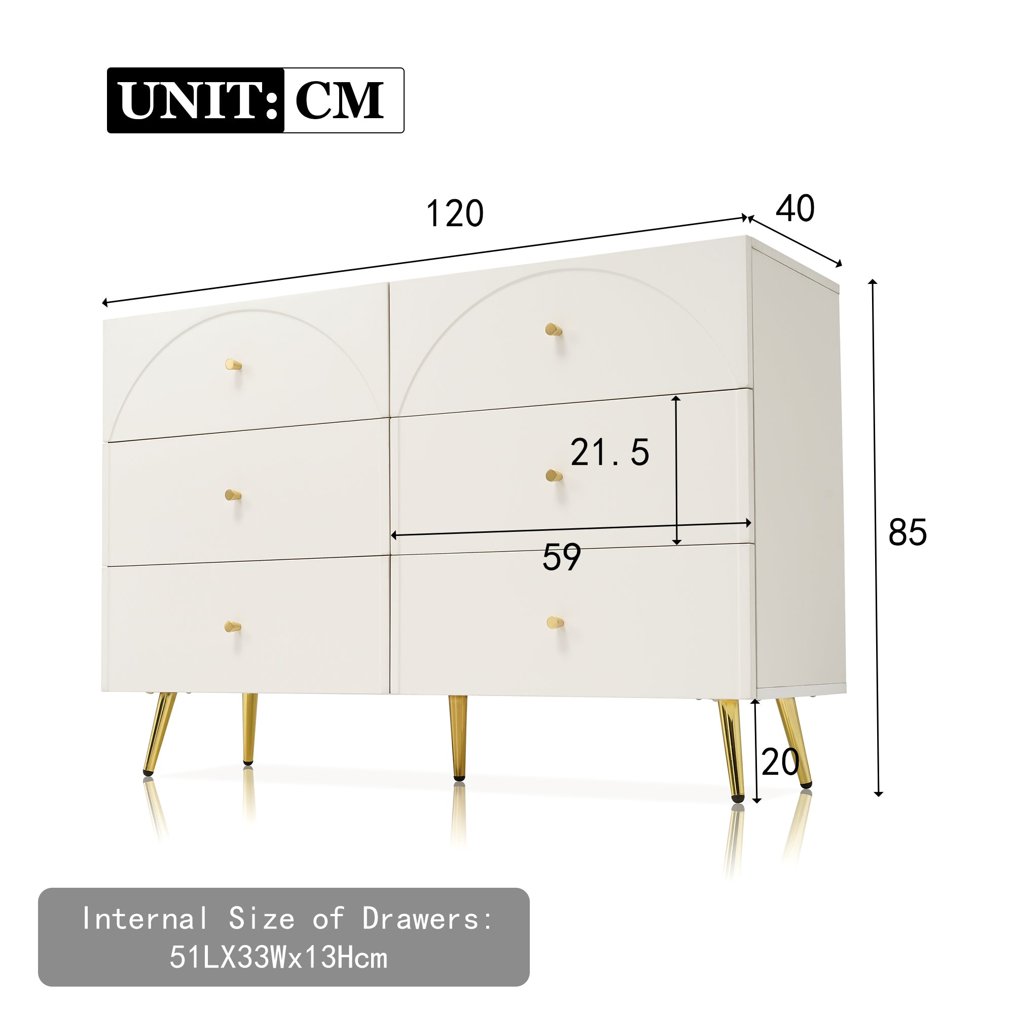 Drawer Chest Of Drawers Chest Of Drawers With 6 Drawers, White Sideboard Highboard For Bedroom & All Living Rooms, Cream-White -H85 W120 D40 Cm