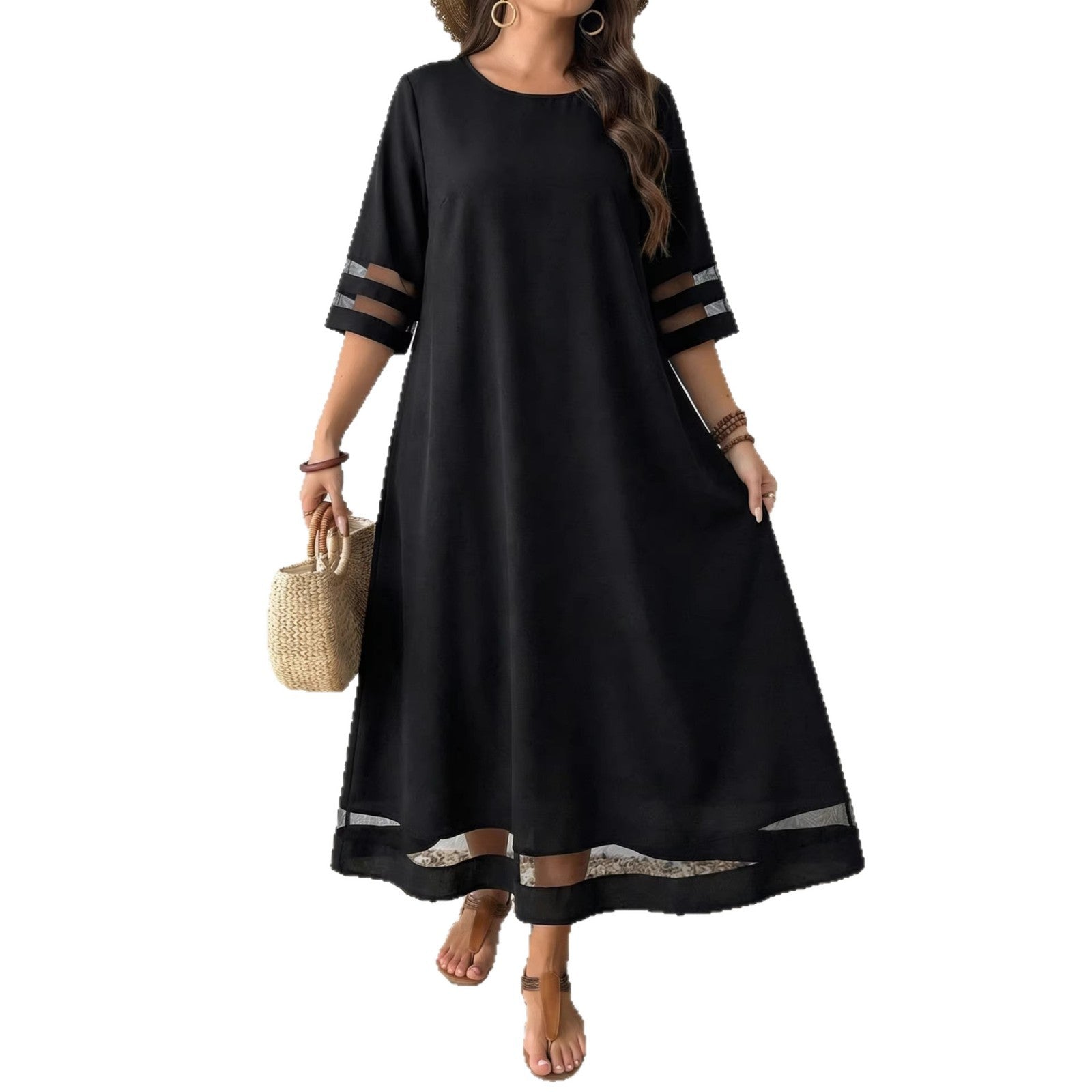 A-line Dress With Mesh-sleeve Paneling