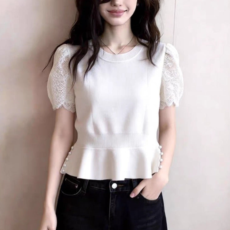 Fashionable And Elegant Patchwork Lace Short-sleeve Knit Top