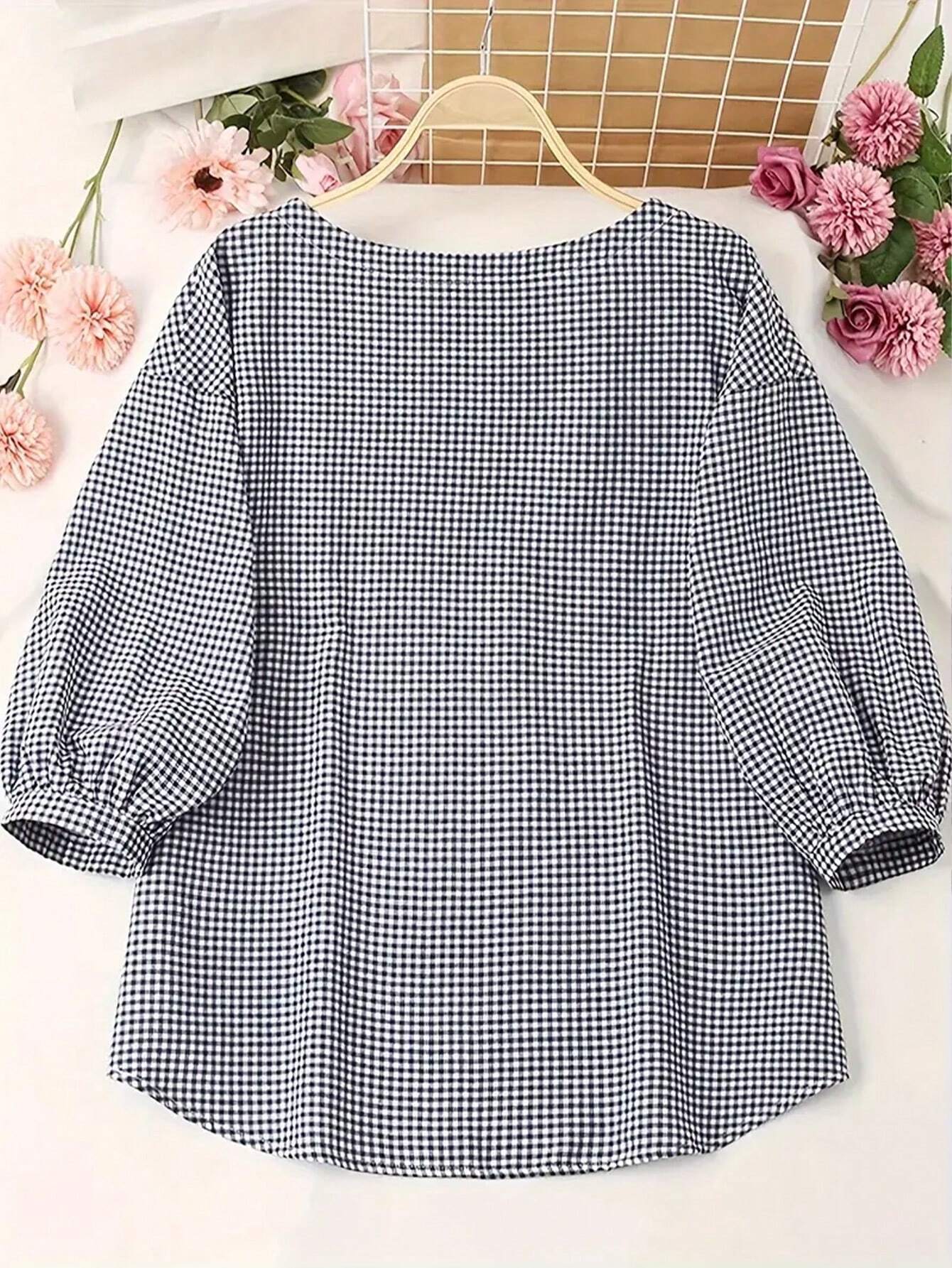 Women's Gingham Check Boat Neck Puff Sleeve Blouse Casual Loose Fit 3 4 Sleeve Top