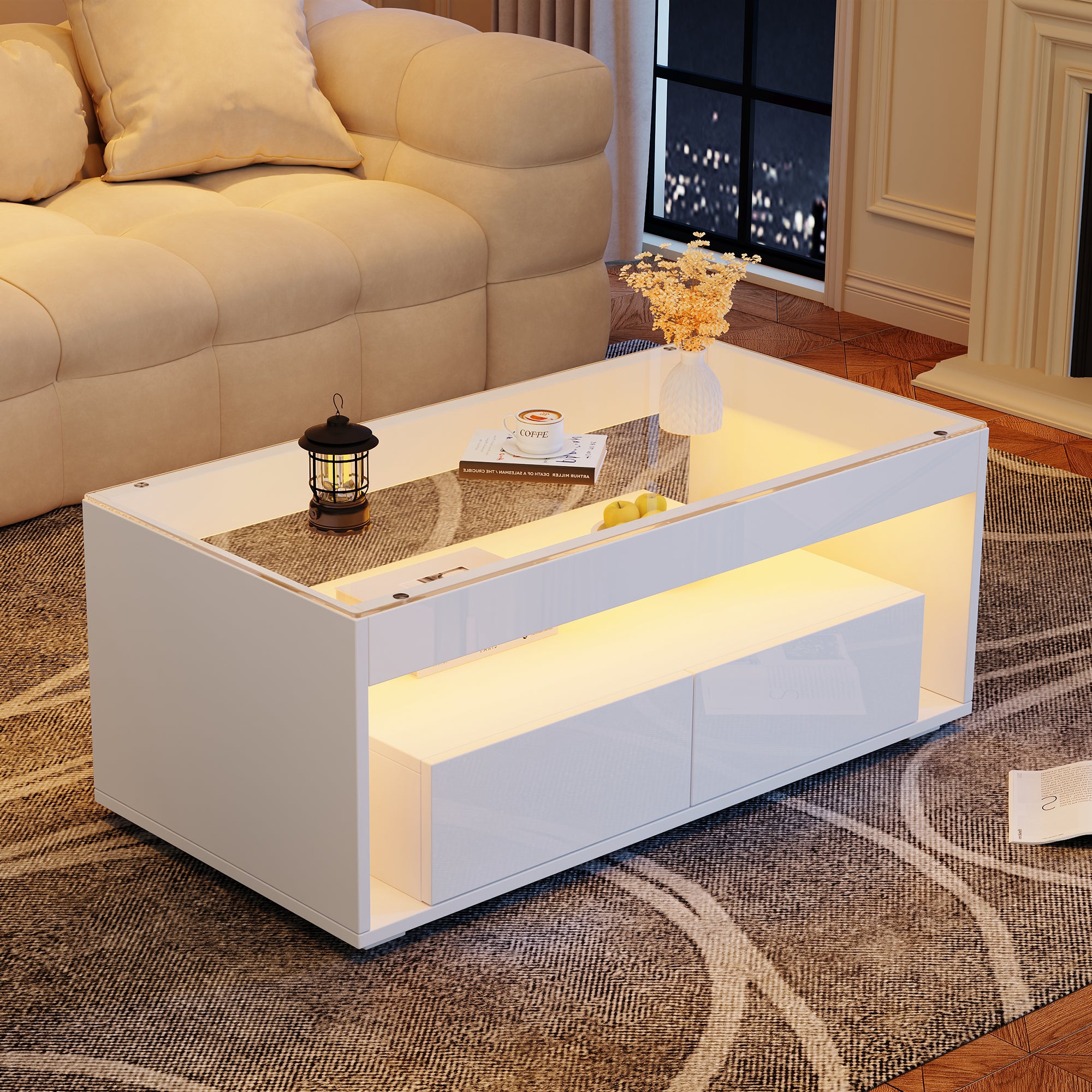 Modern Coffee Table With LED Light, Rectangular Sofa Table With 2 Large Drawers, Spacious Glass Living Room Table, Double-layered Design, High Gloss, Large Living Room Table, White