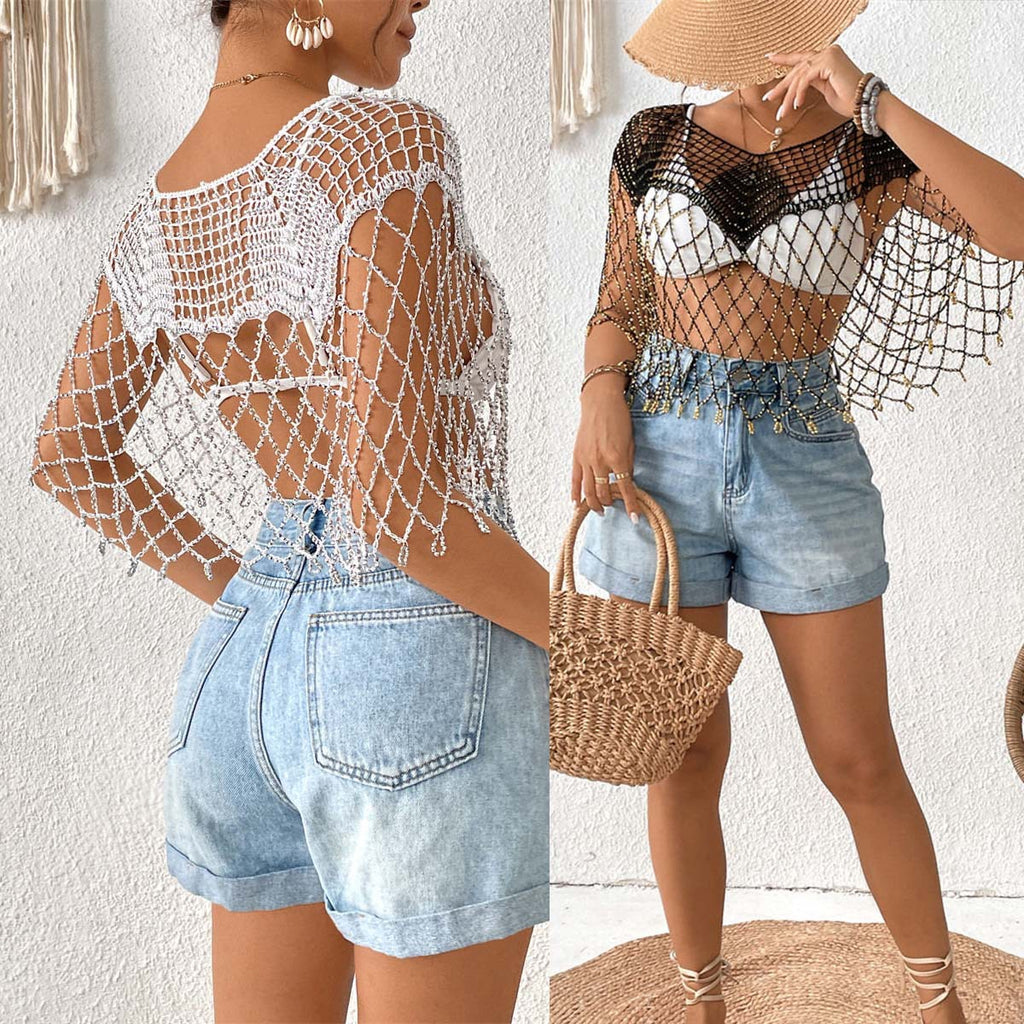 New Arrival Women Hollow Out Beaded Tassel Cape Shawl, Sheer Sun Protection Bikini Cover Up, European American Resort Beach Outfit