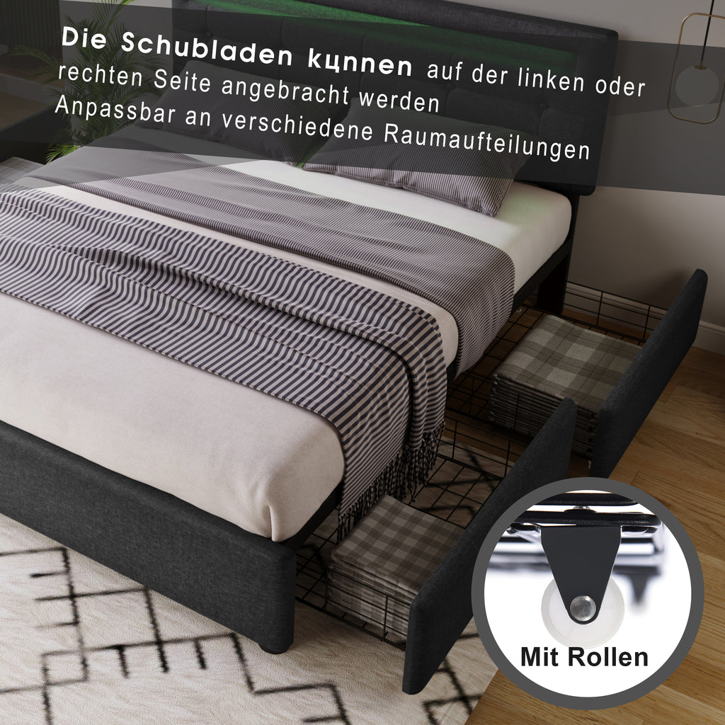Bed Frame With LED Lighting And 4 Drawers, Double Bed Upholstered Bed 140x200cm, Height-adjustable Headboard, Wooden Slatted Base, Grey Without Mattress