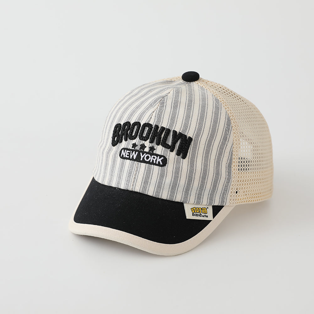 Summer Baby Vertical-striped Mesh Patchwork Embroidered NEW YORK Baseball Cap For Park Playtime On Weekend Picnic