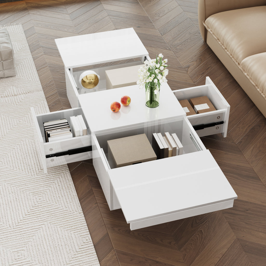 High-gloss Coffee Table With Push-pull Storage Design And Double-sided Drawers.