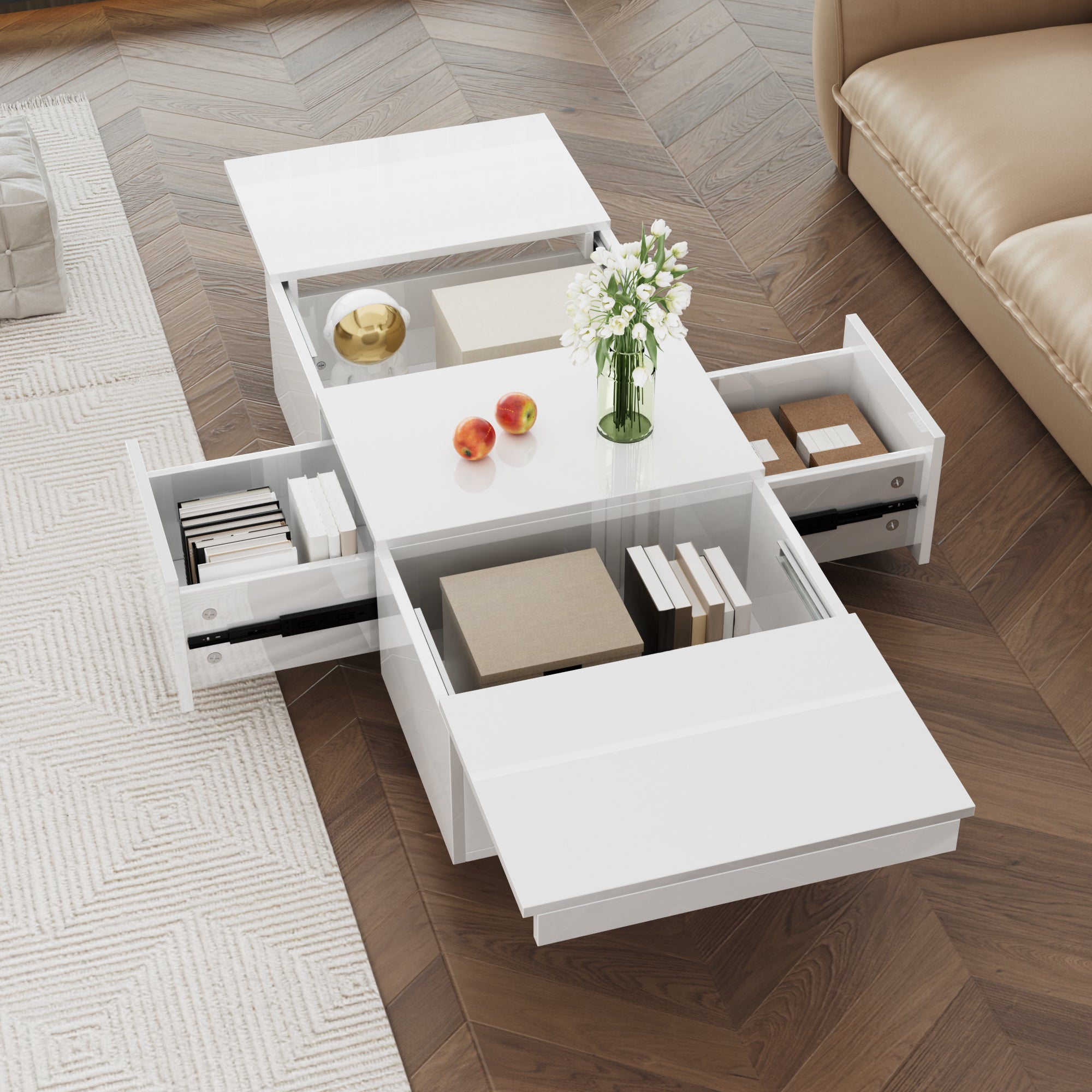 High-gloss Coffee Table With Push-pull Storage Design And Double-sided Drawers.