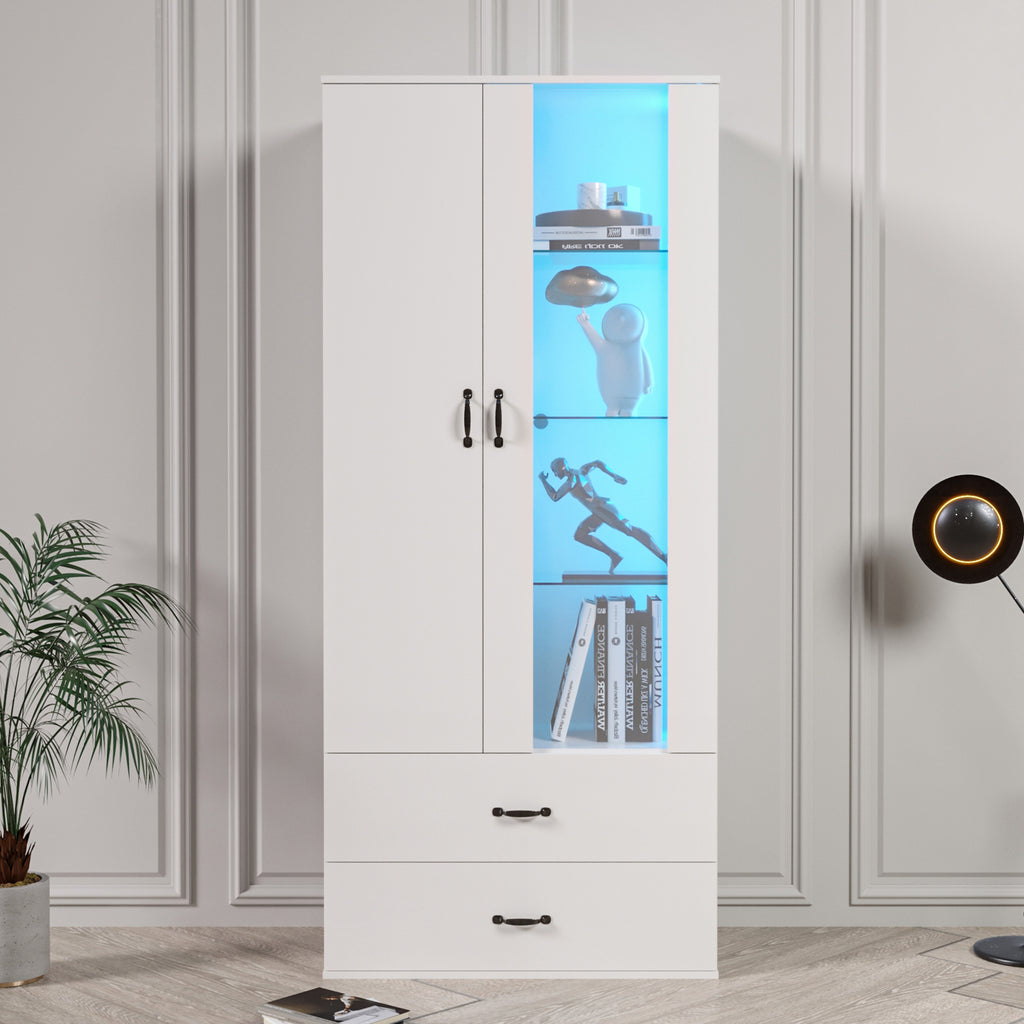 LED Lighted Display Cabinet, 2 Doors, Standing Display Case With Transparent Door, Freestanding Display Case White LED Display Cabinet Living Room Wall LED Display Case LED Cabinet Buffet Cabinet