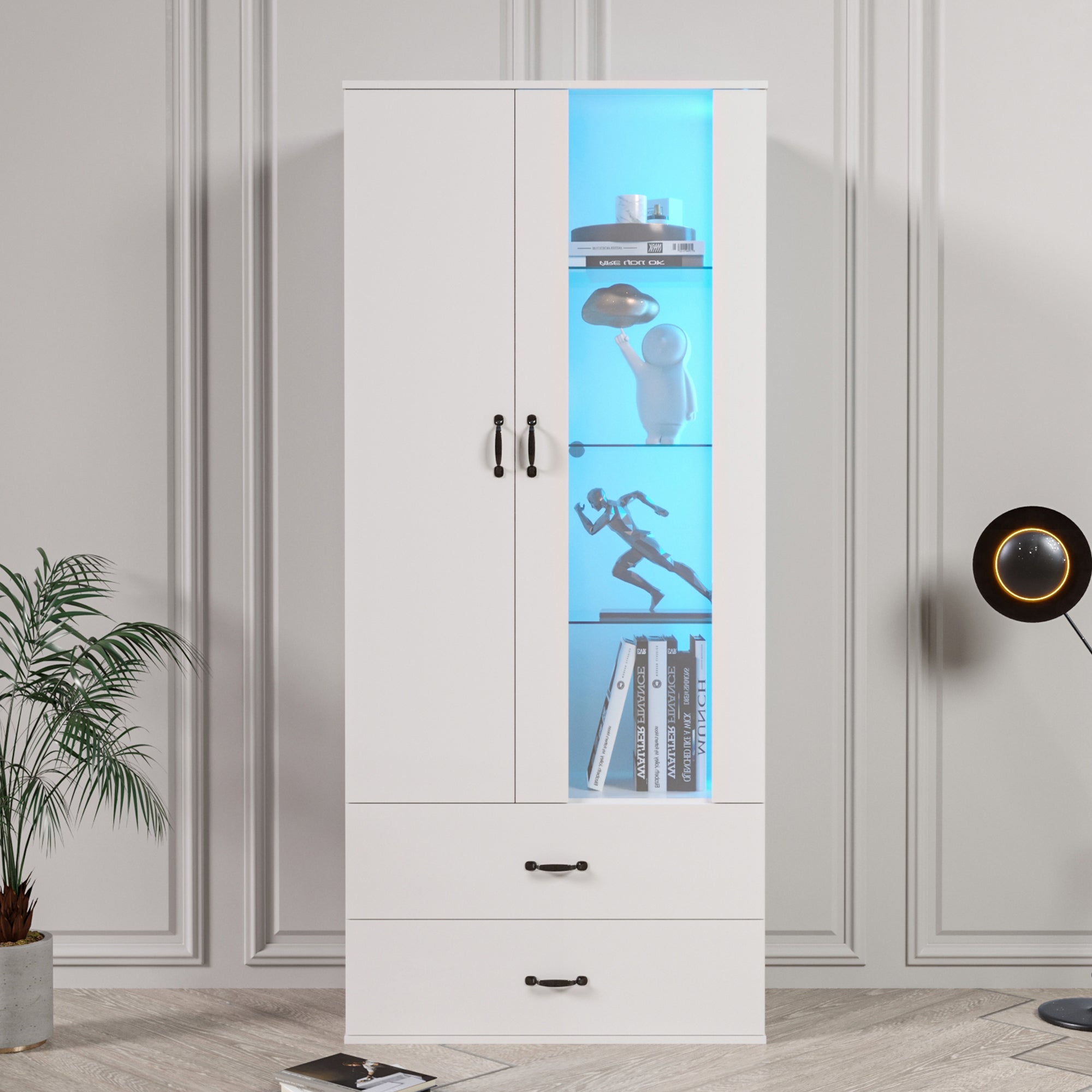 LED Lighted Display Cabinet, 2 Doors, Standing Display Case With Transparent Door, Freestanding Display Case White LED Display Cabinet Living Room Wall LED Display Case LED Cabinet Buffet Cabinet