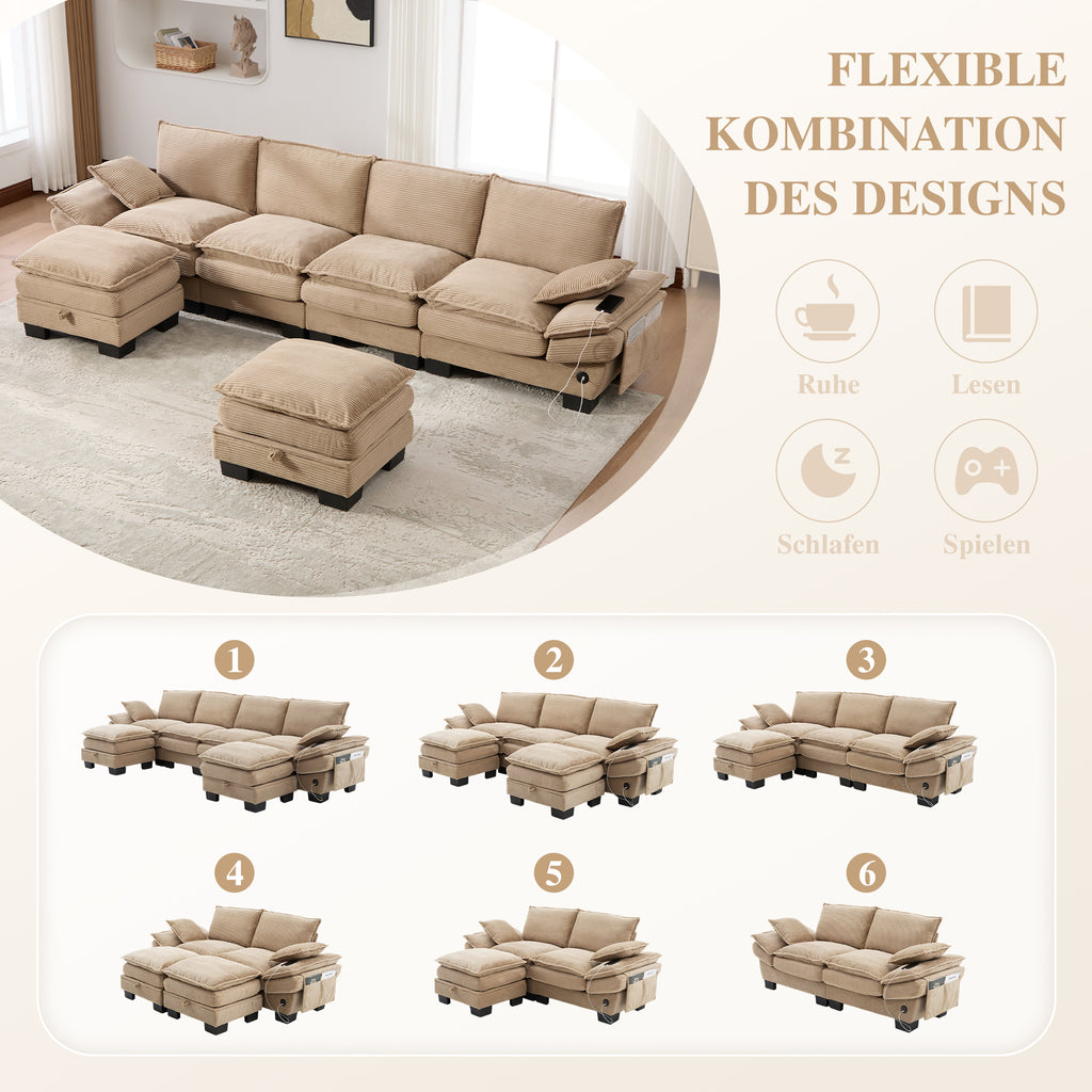 Modular 4-seater Corduroy Sofa  With 2 Stools Wide Seat, Ergonomic Design, High-density Foam Padding, USB-C Port And Side Pockets. Ideal For Living Room, Office Or Lounge.khaki