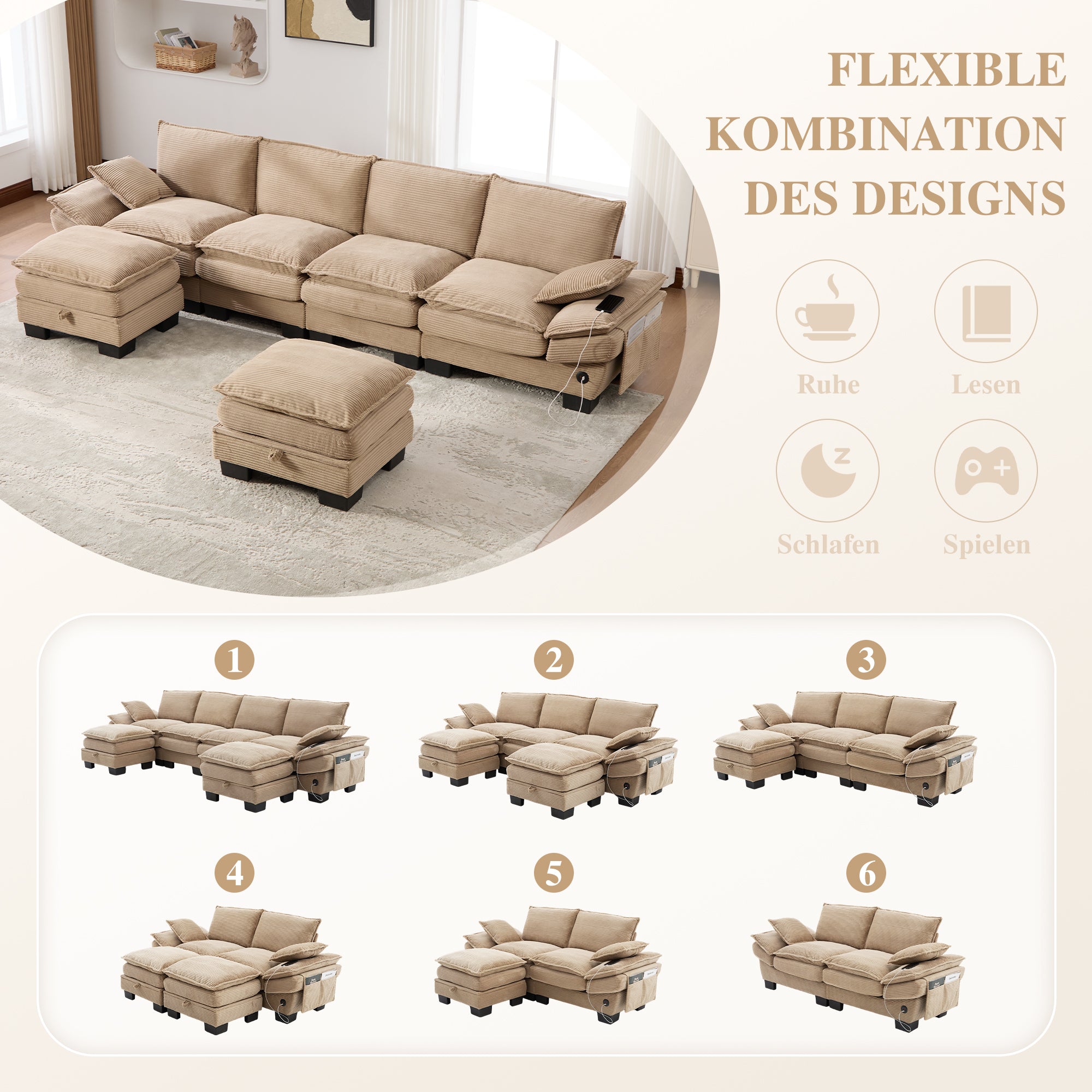 Modular 4-seater Corduroy Sofa  With 2 Stools Wide Seat, Ergonomic Design, High-density Foam Padding, USB-C Port And Side Pockets. Ideal For Living Room, Office Or Lounge.khaki
