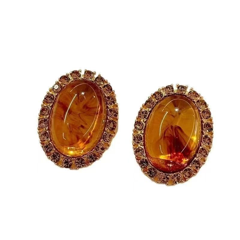 Vintage Mid-Century Maillard Style Amber Tone Oval Rhinestone Earrings, High-End Light Luxury Elegant Stud Jewelry For Women