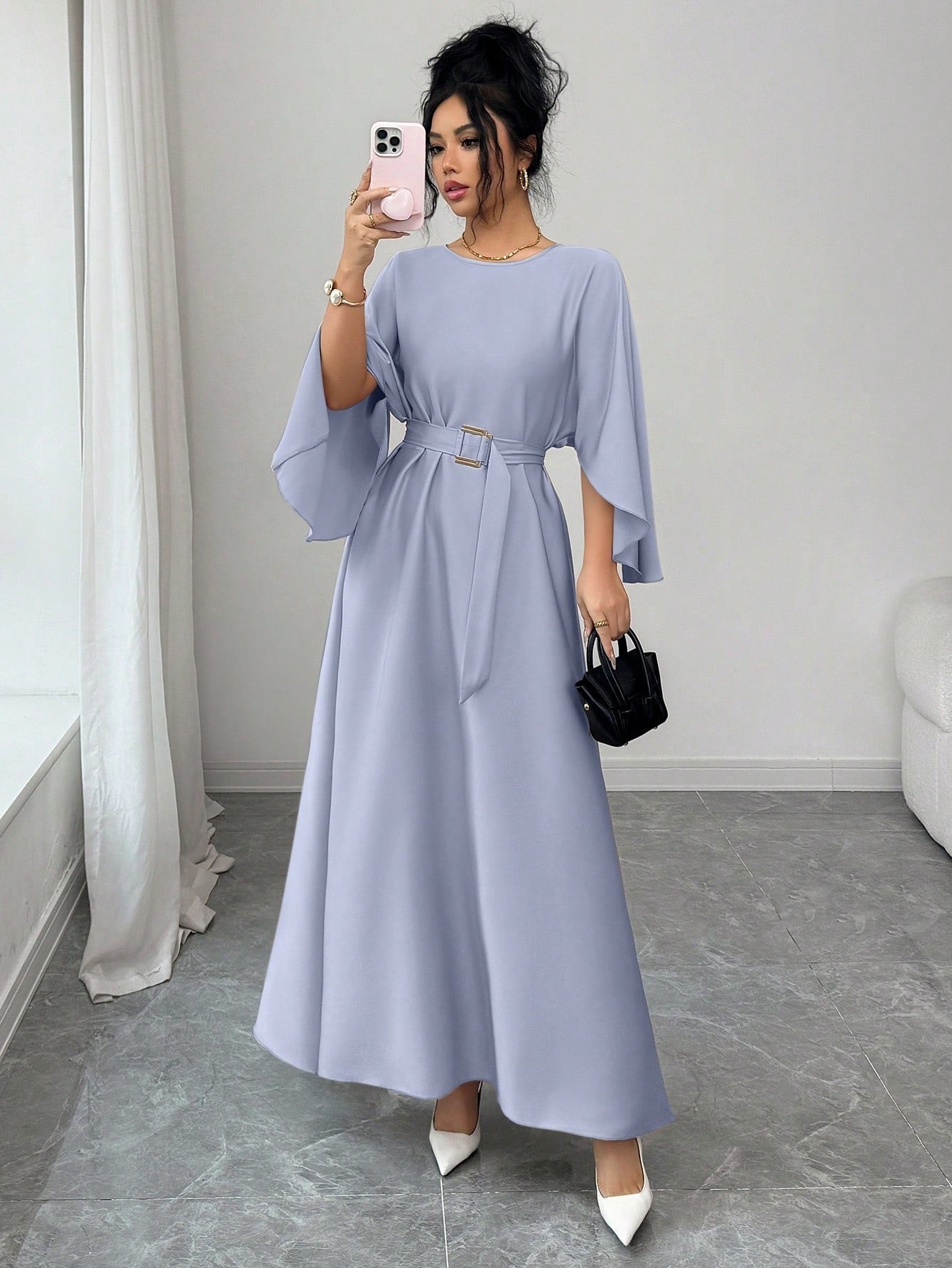Womens Fashion Round-Neck Defined-Waistline Lace-Up Dress