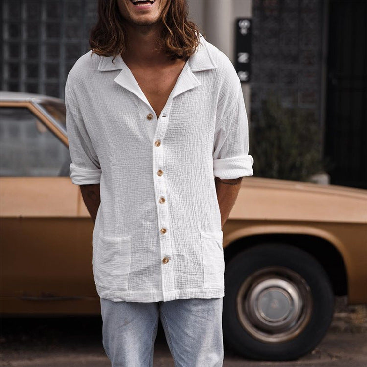 Double-layered Pleated Mens Relaxed-fit Casual Long-sleeve Shirt With A Cuban Collar