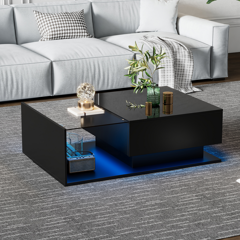 High-gloss Black Coffee Table 100x50x32 Cm - With Glass Top And Drawers, Scratch-resistant, With 1 Drawer, With LED Lighting, Modern Style