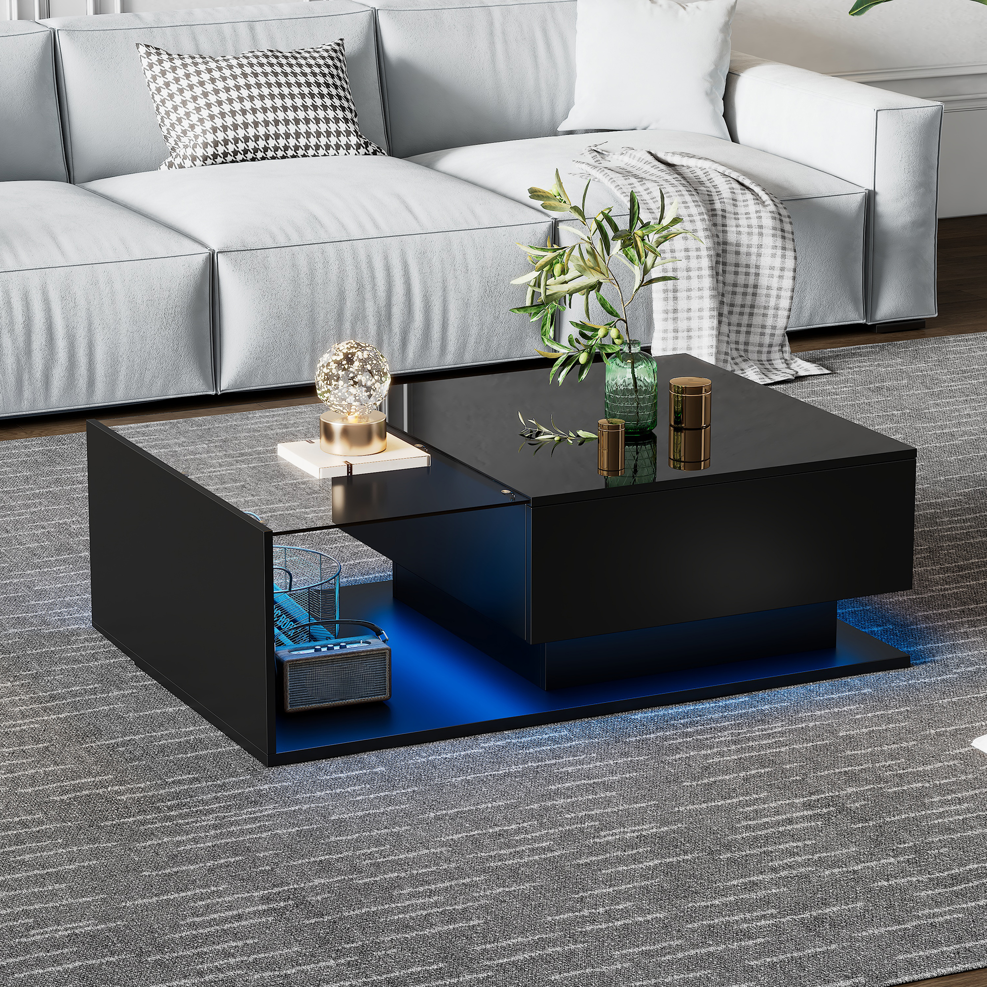 High-gloss Black Coffee Table 100x50x32 Cm - With Glass Top And Drawers, Scratch-resistant, With 1 Drawer, With LED Lighting, Modern Style