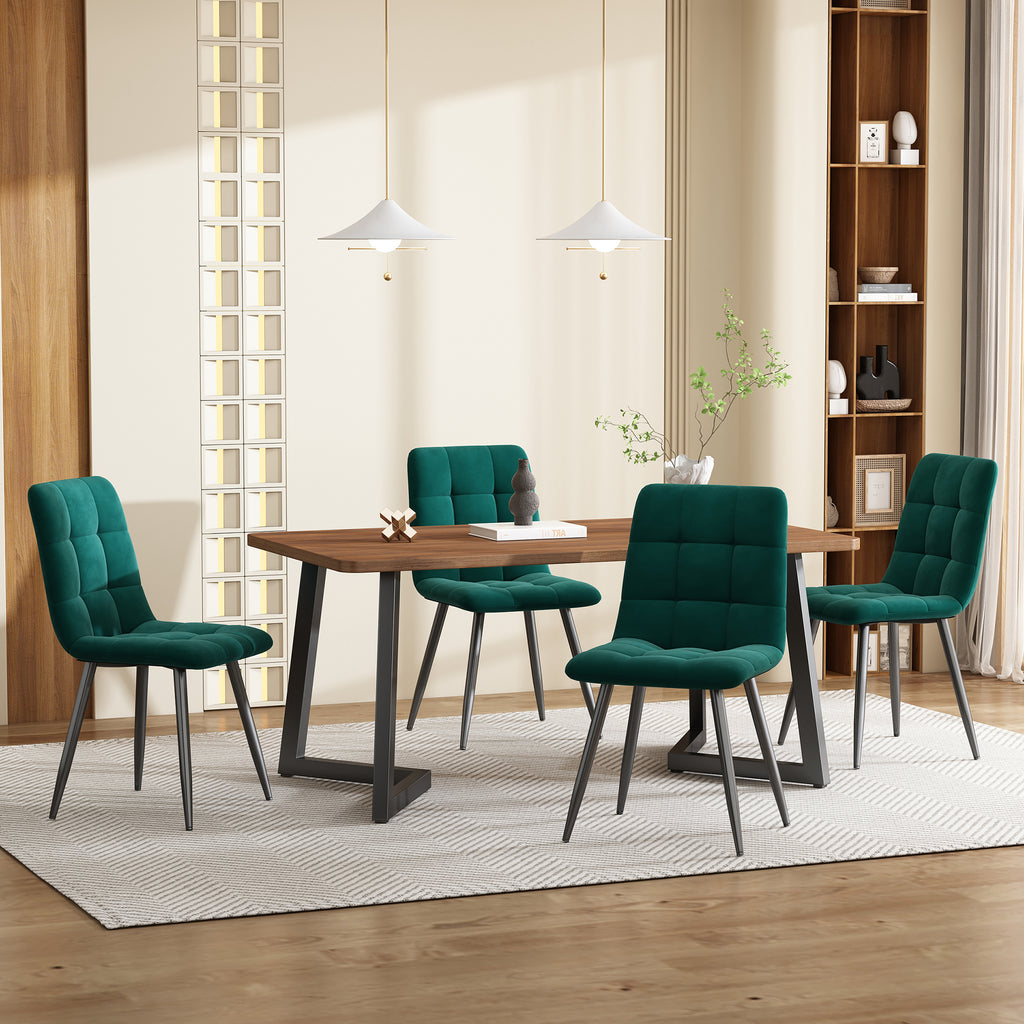 5-Piece Dining Set Table And 4 Chairs, Modern Kitchen Table Set, Kitchen Table With Wood Grain Finish And Black Metal Legs, Walnut-Colored MDF Tabletop, Dark Green Velvet Dining Chairs
