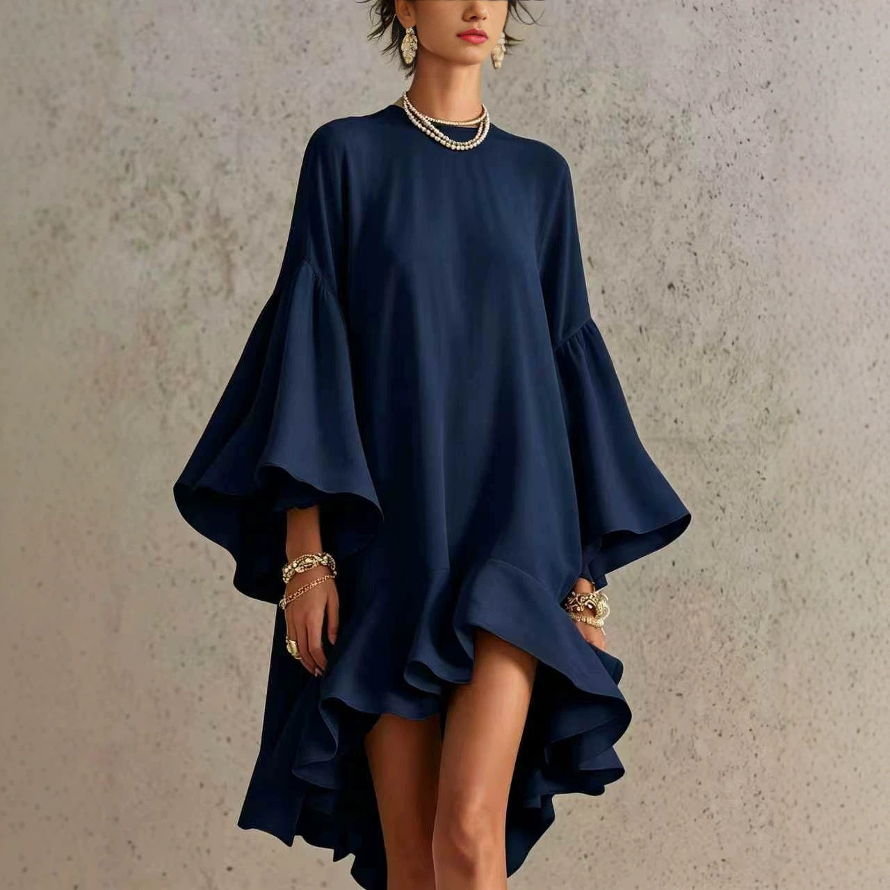 Asymmetrical Round-neck Dress With Puff Sleeves And Ruffled Trim