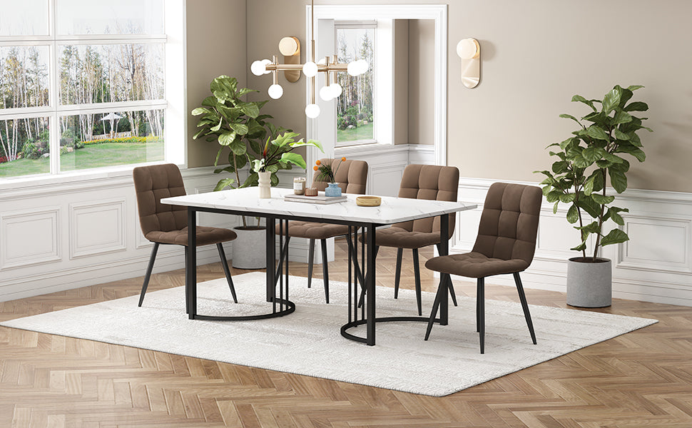 5-Piece Dining Set Dining Table With 4 Chairs  Modern Kitchen Table Set 140 X 80 CmFeaturing Black Metal Legs And White MDF Tabletop, Plus Brown Velvet Dining Chairs