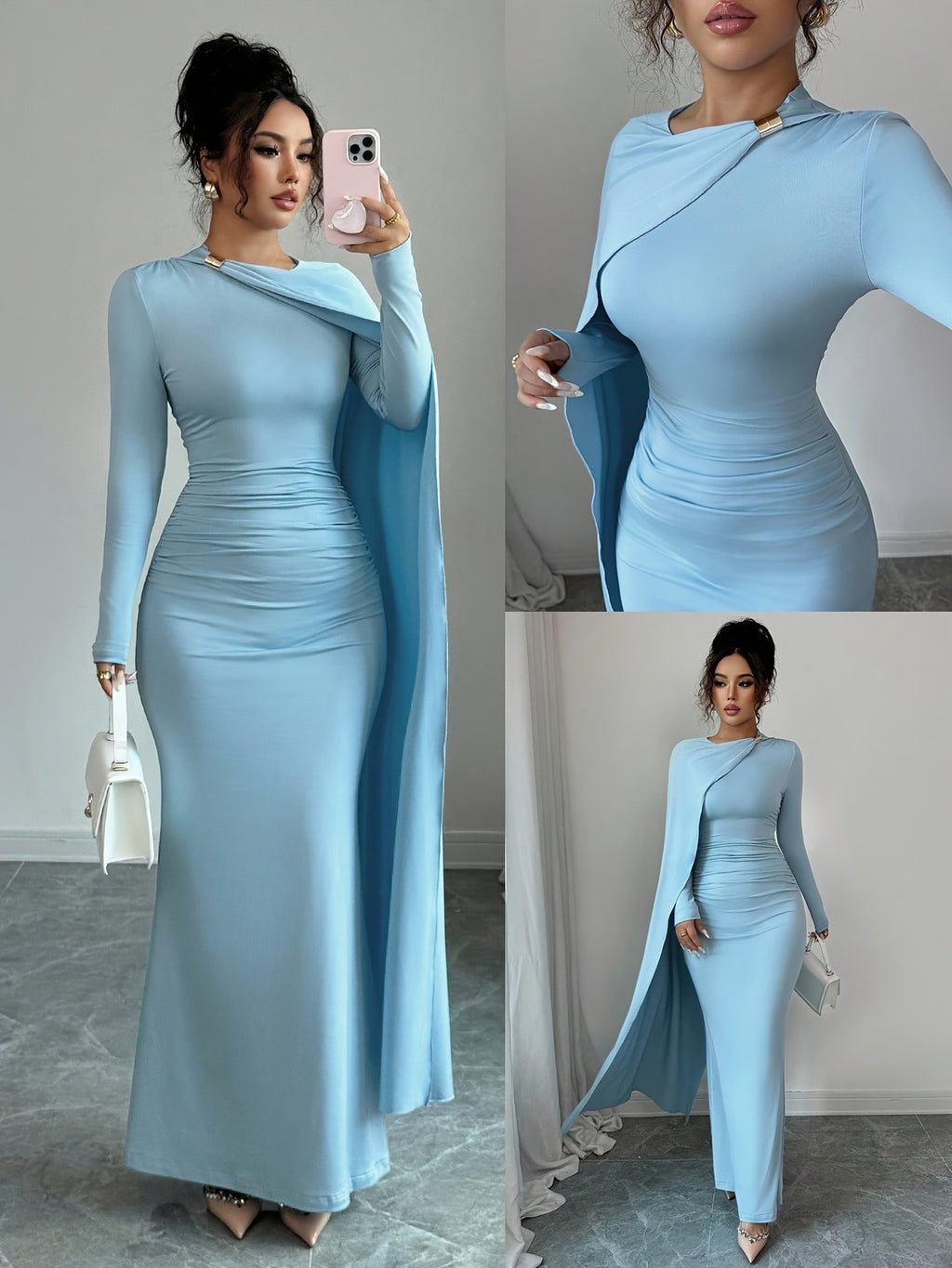 Womens AutumnWinter New Elegant Sky-Blue Versatile Dress