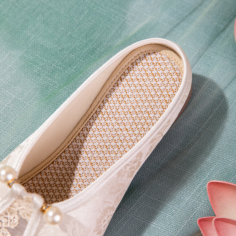 Embroidered Mesh Mule Slippers - Pearl Tassel Summer Breathable Cloth Shoes, Elegant Low-Heel Women S Shoes
