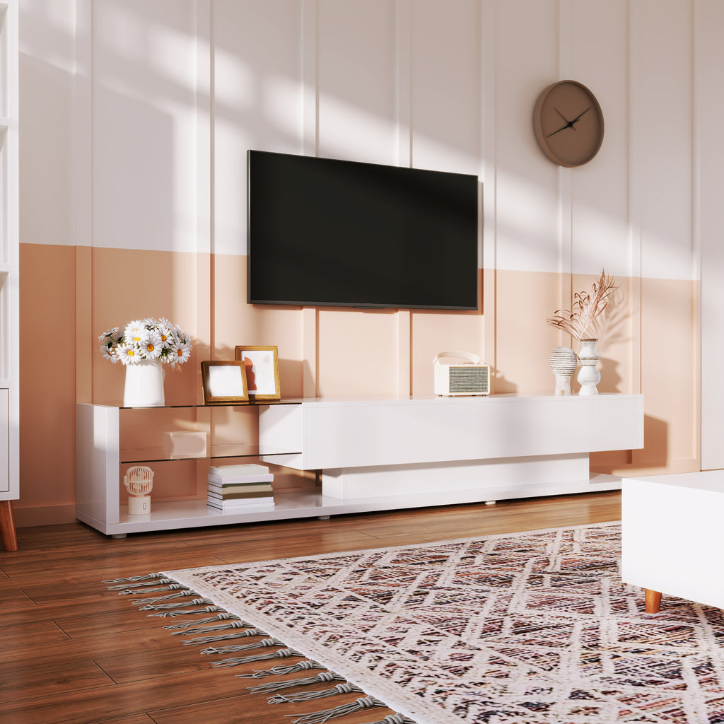 TV Cabinets, Low Panels, High Gloss White Glass Partitions And Variable LED Lighting. It Combines Natural, Rustic Style With Modern Design