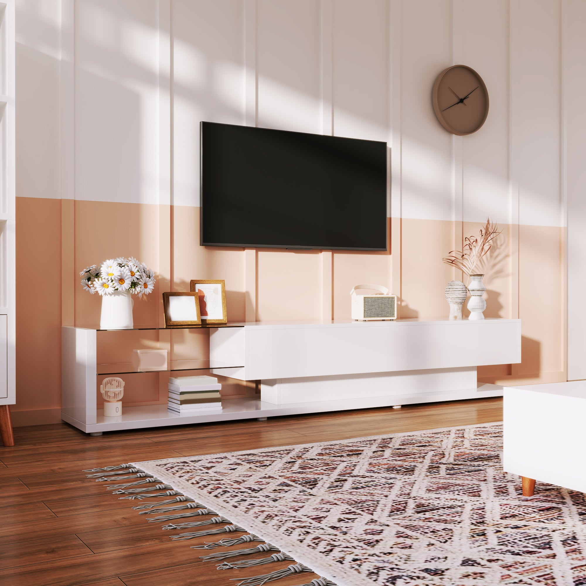 TV Cabinets, Low Panels, High Gloss White Glass Partitions And Variable LED Lighting. It Combines Natural, Rustic Style With Modern Design