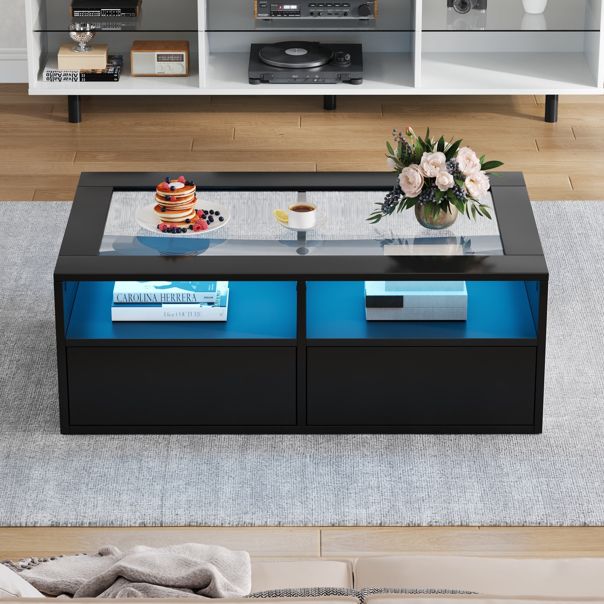 10 0 X50x35cm Couchtisch Mit LED-Licht, Sofatisch Mit 2 Schubladen, Wohnzimmertisch Aus Glas, Teetisch Doppelschichtiges Design, Offener Stauraum, Wohnzimmer Beistelltisch, Schwarz