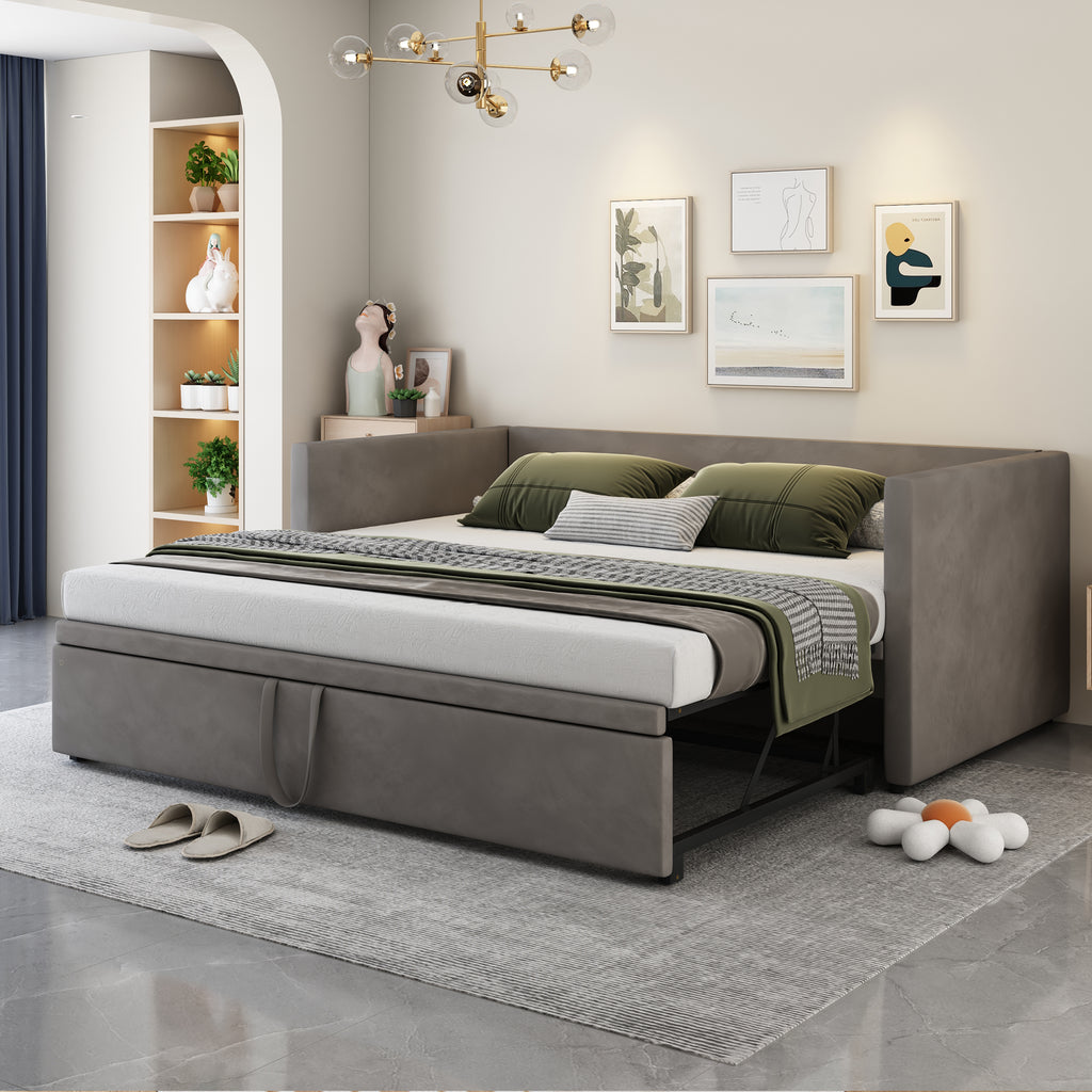 Upholstered Bed Pull-Out Sofa Bed 90 180x200 Cm With Slatted Frames, Multifunction Bed Made Of Skin-Friendly Velvet Fabric Gray