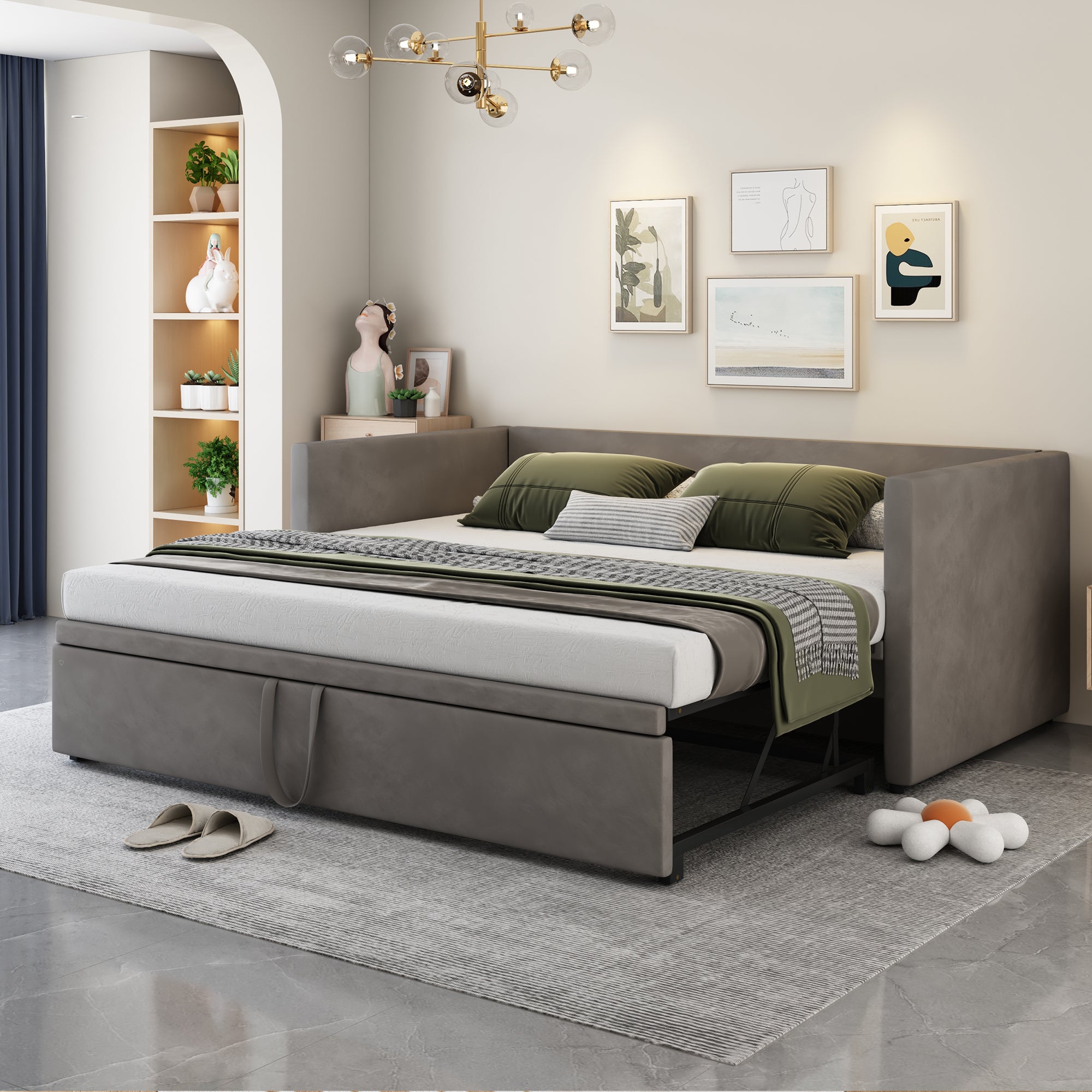 Upholstered Bed Pull-Out Sofa Bed 90 180x200 Cm With Slatted Frames, Multifunction Bed Made Of Skin-Friendly Velvet Fabric Gray