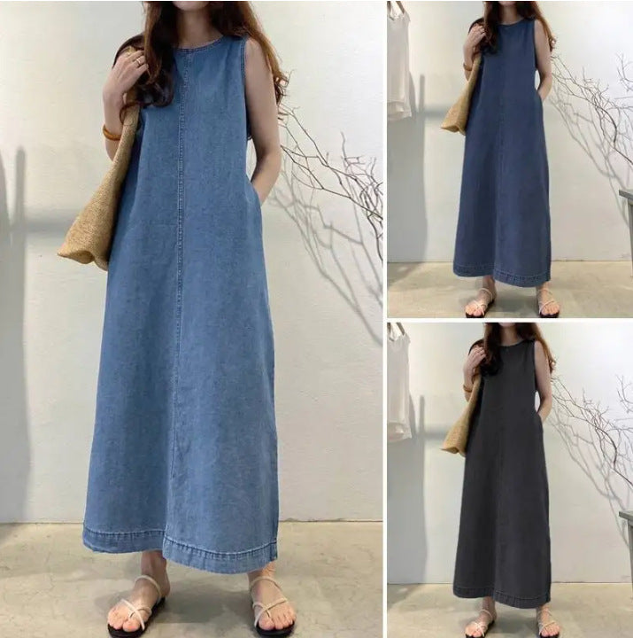 Womens Solid-Color Fashionable Round-Neck Loose-Fit Pocketed Dress