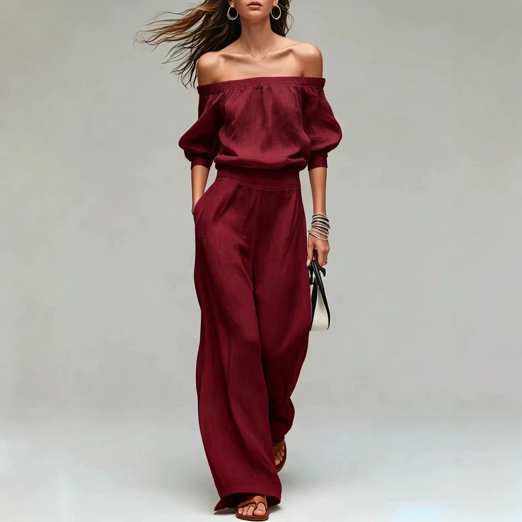 Cinched-top Blouse And Linen-textured Wide-leg Pants Set