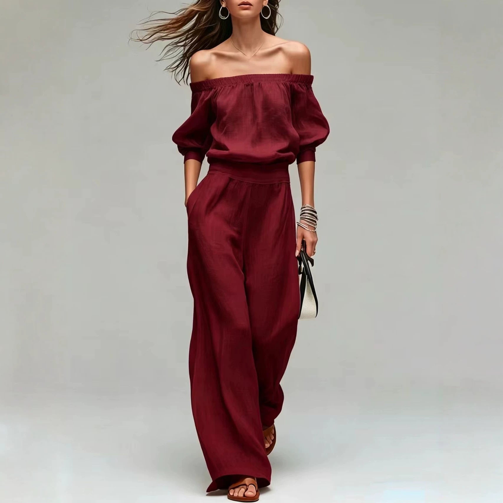 Cinched-top Blouse And Linen-textured Wide-leg Pants Set