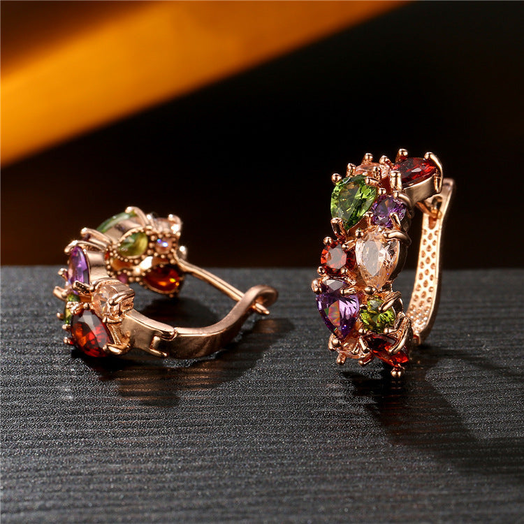 Summer Colorful Teardrop Cubic Zirconia Huggie Earrings, INS Exquisite Versatile Elegant High-End Temperament Fashion Women Ear Buckle Jewelry