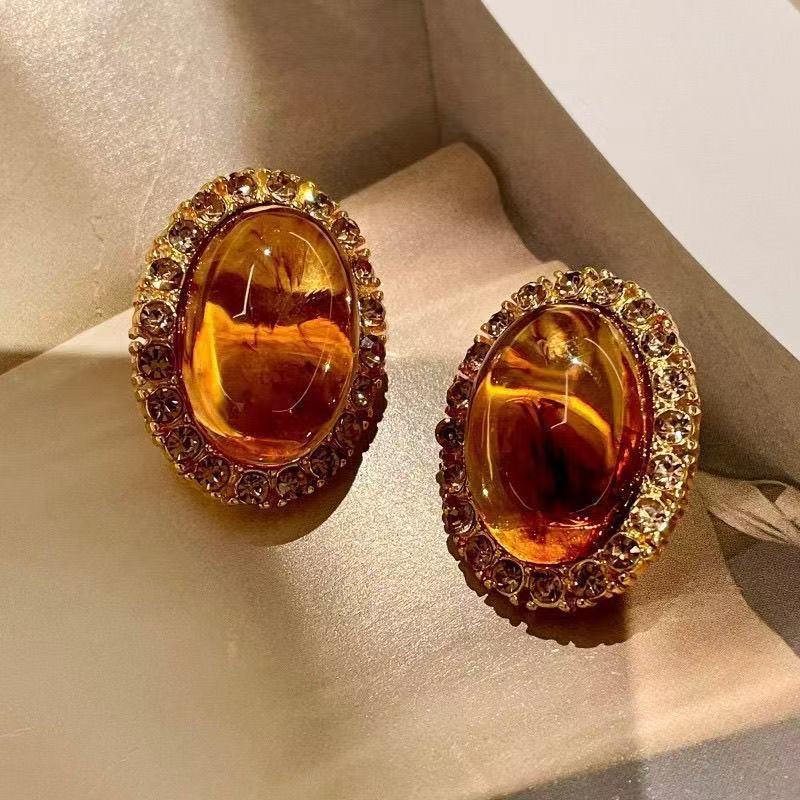 Vintage Mid-Century Maillard Style Amber Tone Oval Rhinestone Earrings, High-End Light Luxury Elegant Stud Jewelry For Women