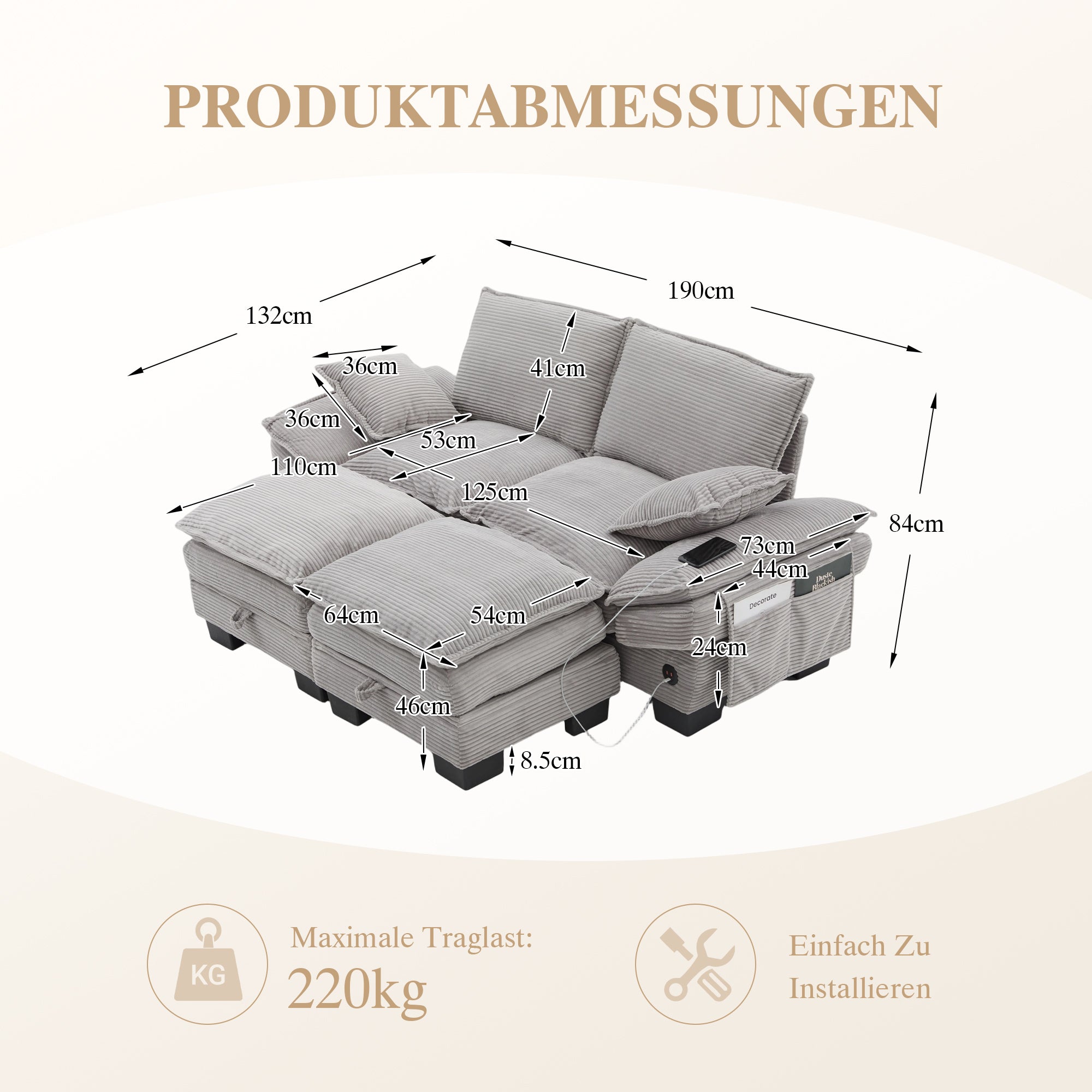 Modular 2-seater Corduroy Sofa  With 2 Stools Wide Seat, Ergonomic Design, High-density Foam Padding, USB-C Port And Side Pockets.Ideal For Living Room, Office Or Lounge.Light Grey