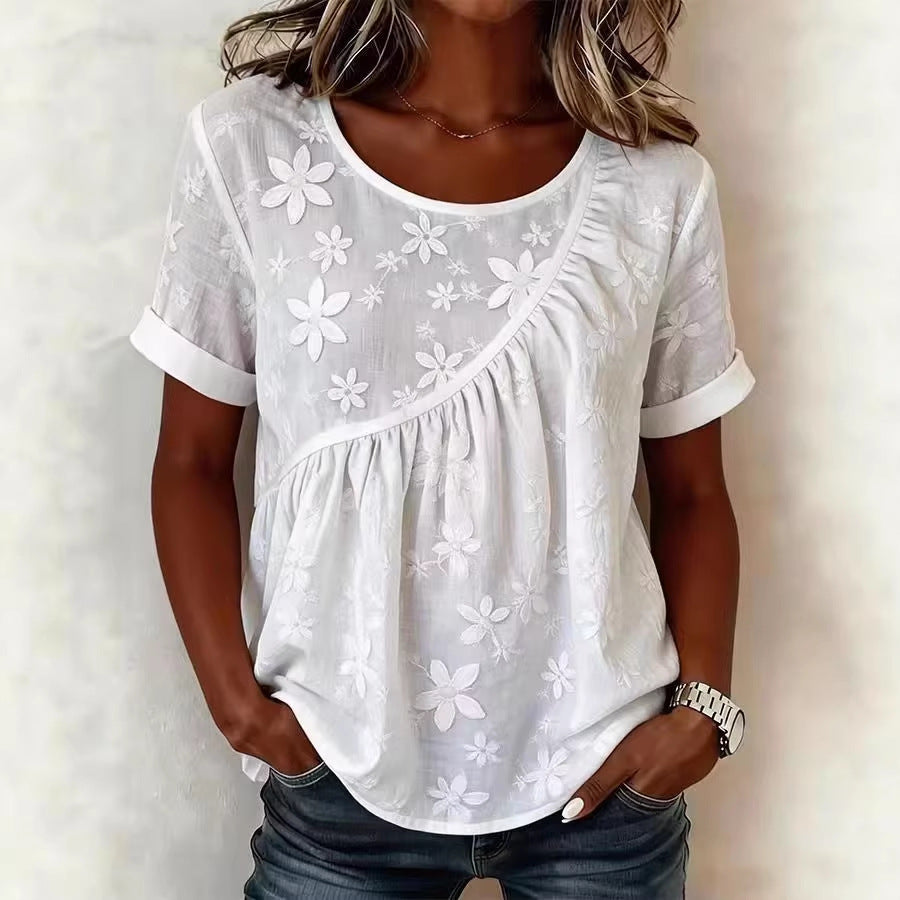 Womens Embroidered Designer Crew-Neck Short-Sleeve Top