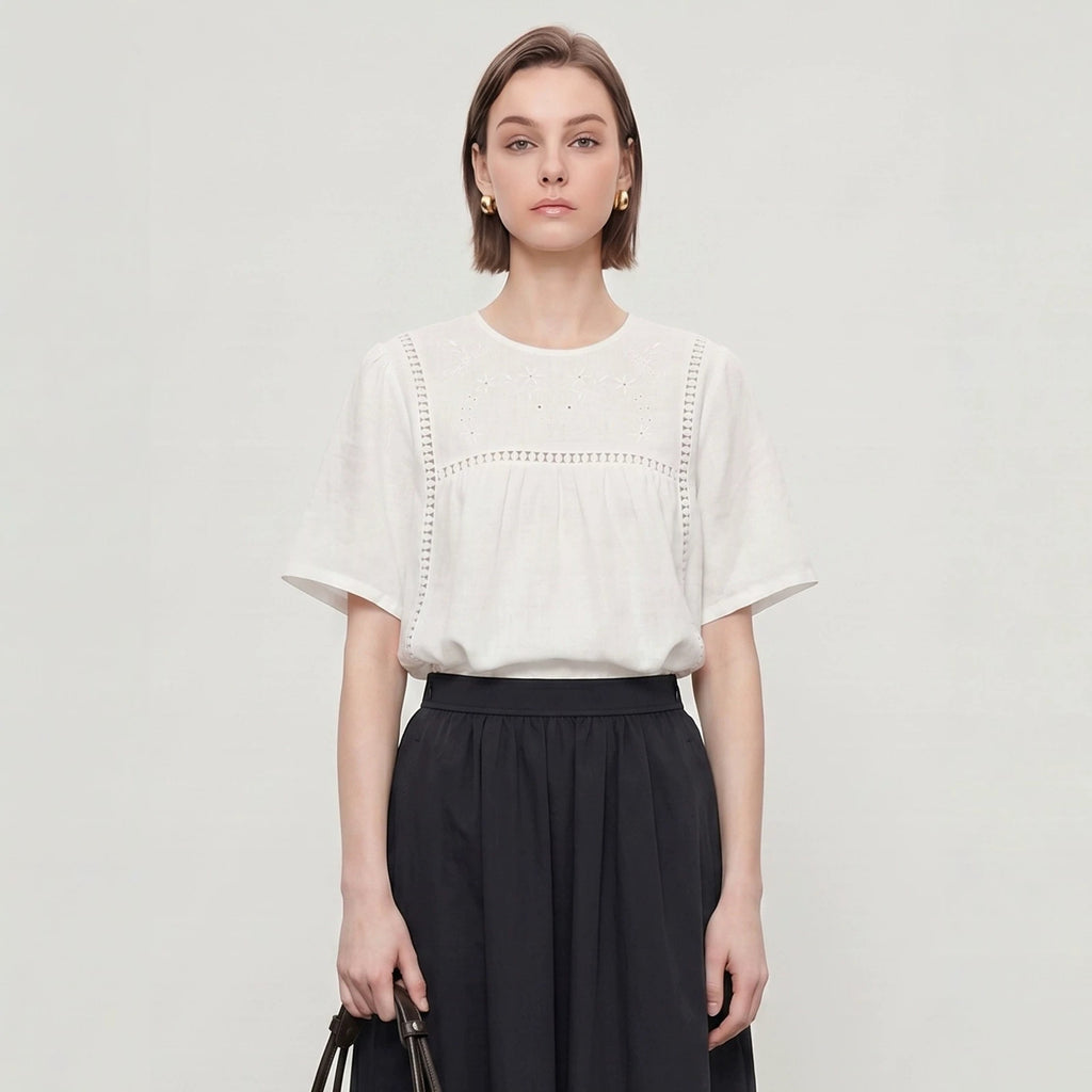 Embroidered Hollow-Out Linen Shirt For Women
