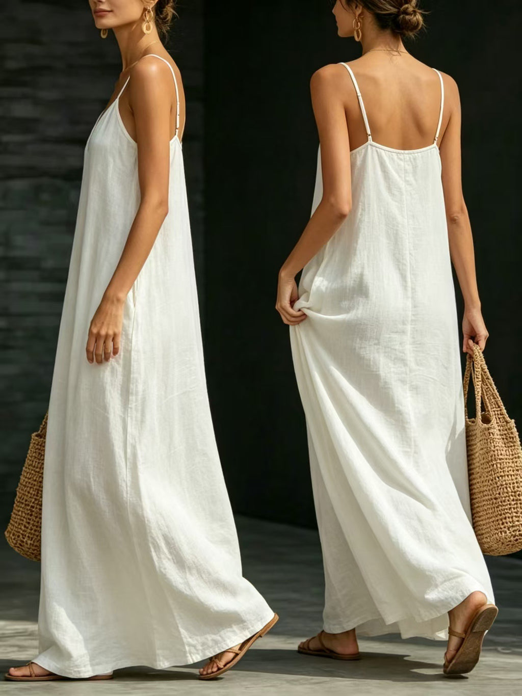 Summer V-Neck Spaghetti Strap Flowy Maxi Dress - Casual Fashion Solid Color Long Dress For Women Vaction Dress